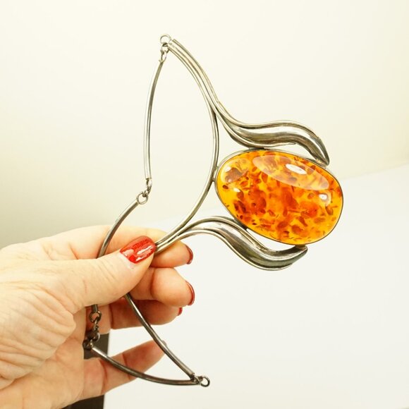 Giant Amber Link Necklace Set In 925 Silver - One-Of-A-Kind Artisan Jewelry - Picture 8 of 14